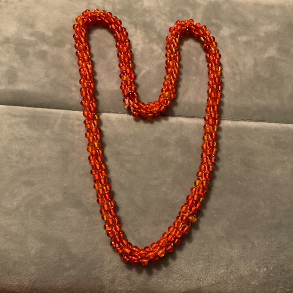Handcrafted/made orange glass twisted beads pull over about 11” inch necklace - Picture 2 of 5